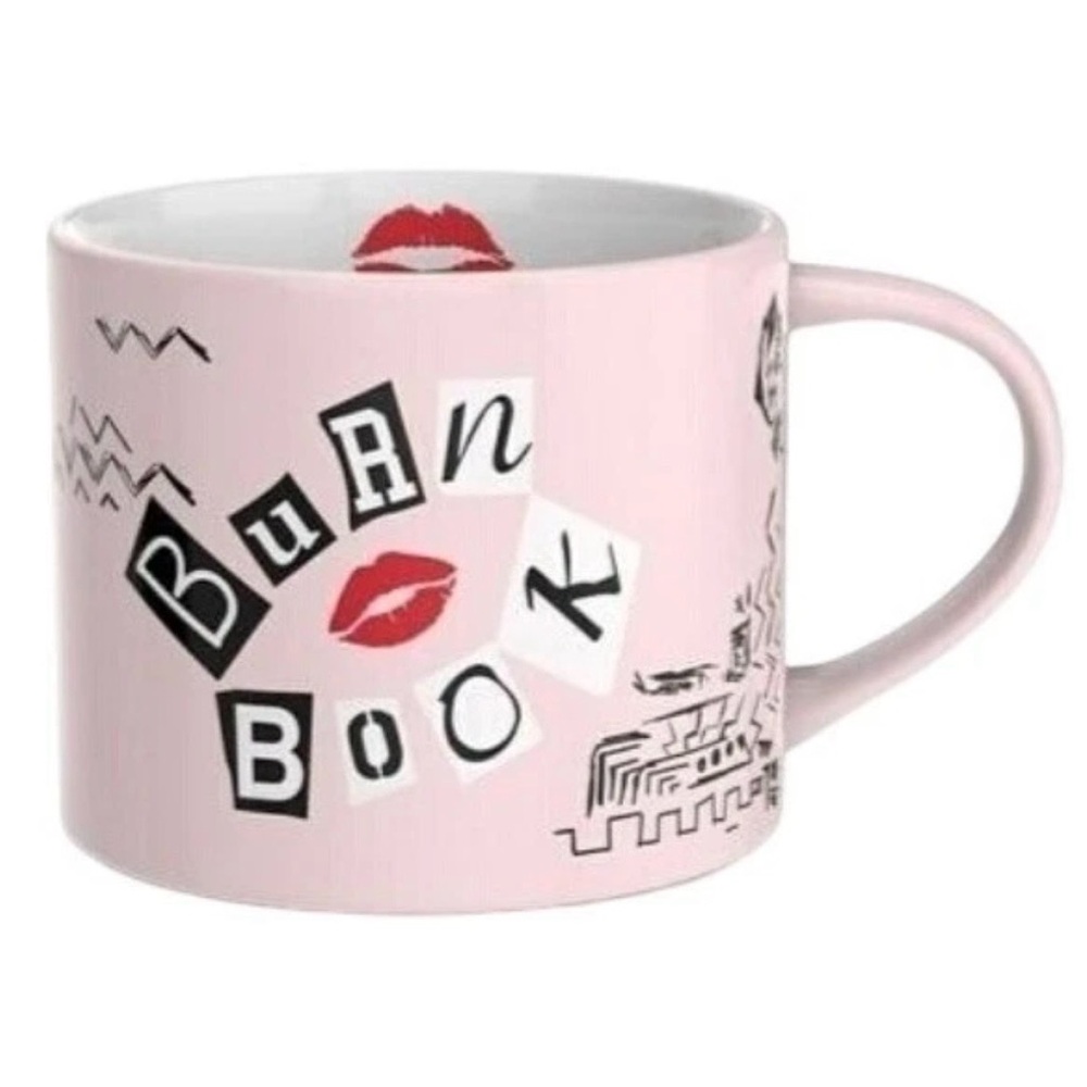 Zak Designs Ceramic Coffee Mug BURN BOOK Pink w/Red Lips Graphics 15 oz Beverage